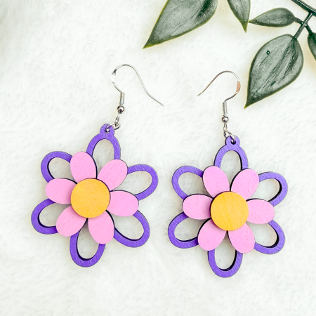 Wooden Summer Bloom Flower Earrings in Various Colours