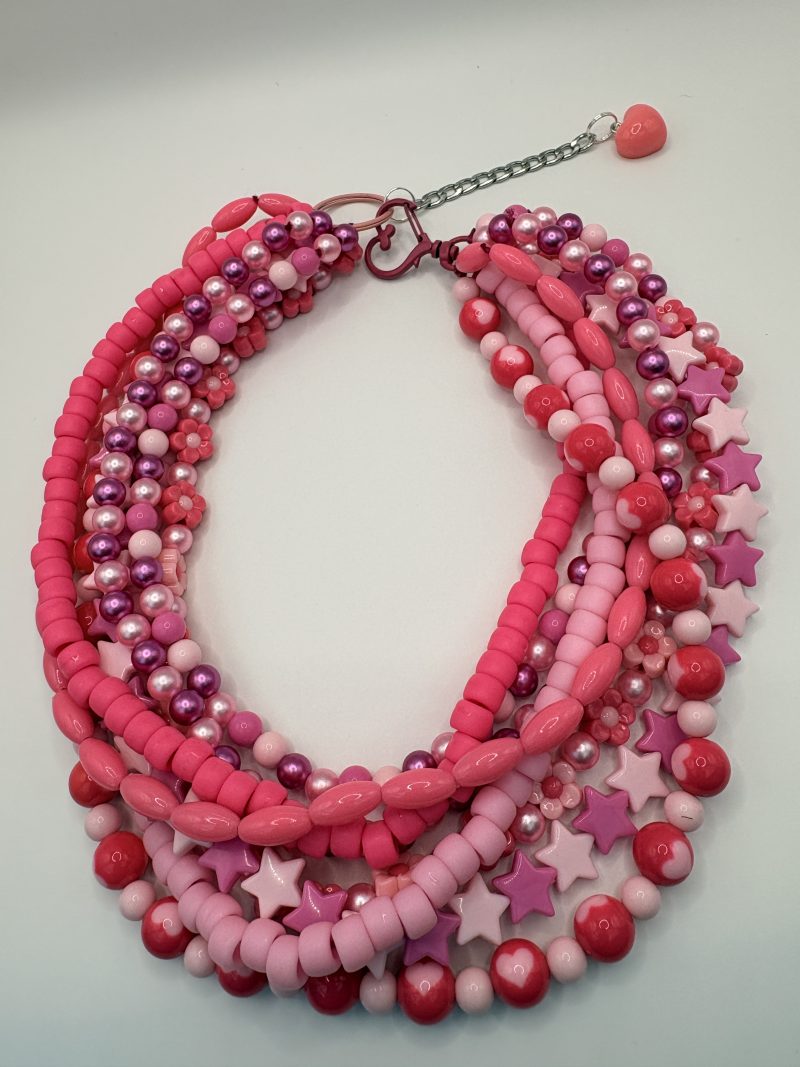 Pink beaded maximalist statement layered necklace