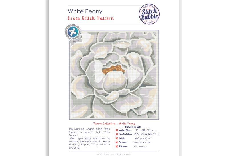 White Peony ~ Modern Cross Stitch Pattern PDF