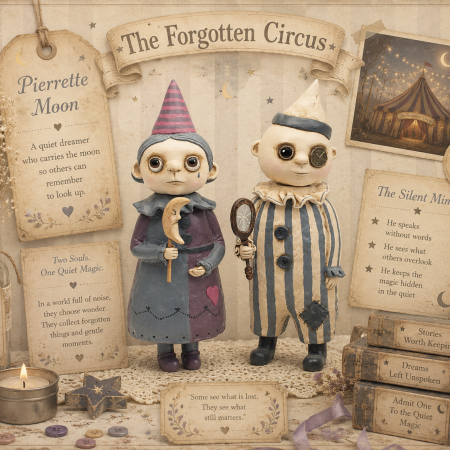 Handmade Art Doll Set of Two, Silent Mime and Pierrette Moon, 29 cm x 27 cm. Handmade Art Dolls from paper clay