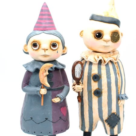 Handmade Art Doll Set of Two, Silent Mime and Pierrette Moon, 29 cm x 27 cm. Handmade Art Dolls from paper clay