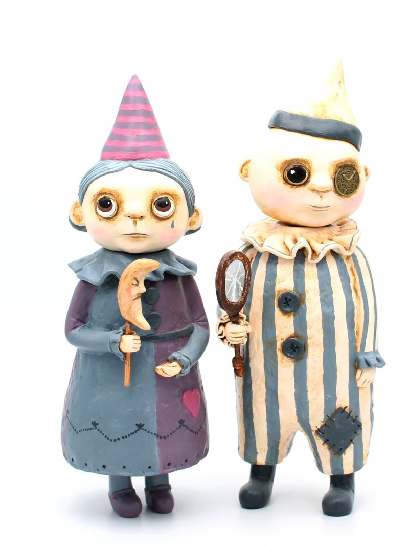 Handmade Art Doll Set of Two, Silent Mime and Pierrette Moon, 29 cm x 27 cm. Handmade Art Dolls from paper clay