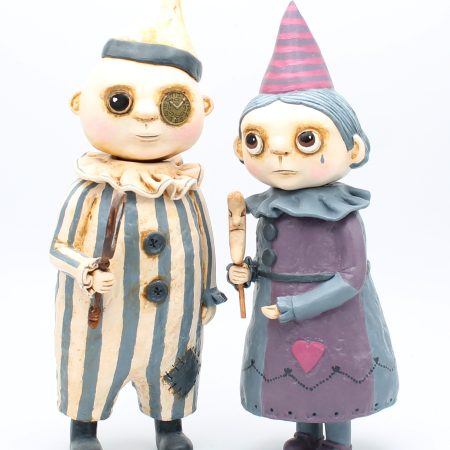 Handmade Art Doll Set of Two, Silent Mime and Pierrette Moon, 29 cm x 27 cm. Handmade Art Dolls from paper clay