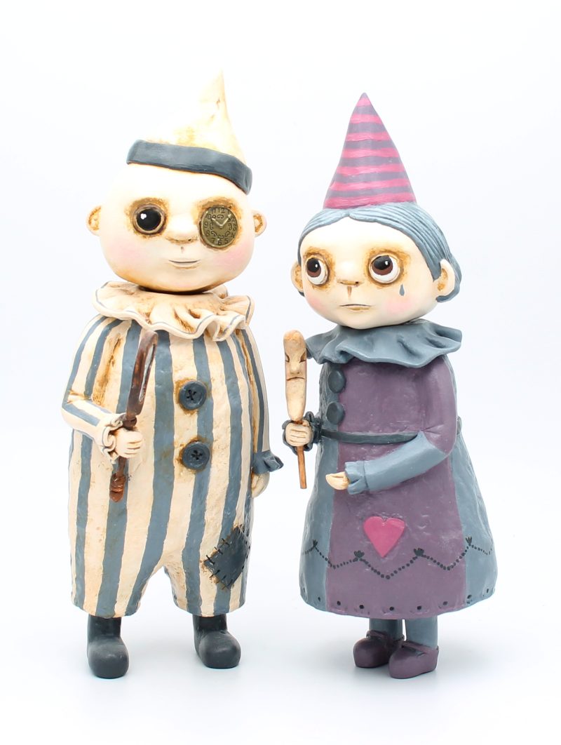 Handmade Art Doll Set of Two, Silent Mime and Pierrette Moon, 29 cm x 27 cm. Handmade Art Dolls from paper clay