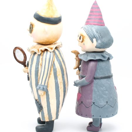 Handmade Art Doll Set of Two, Silent Mime and Pierrette Moon, 29 cm x 27 cm. Handmade Art Dolls from paper clay