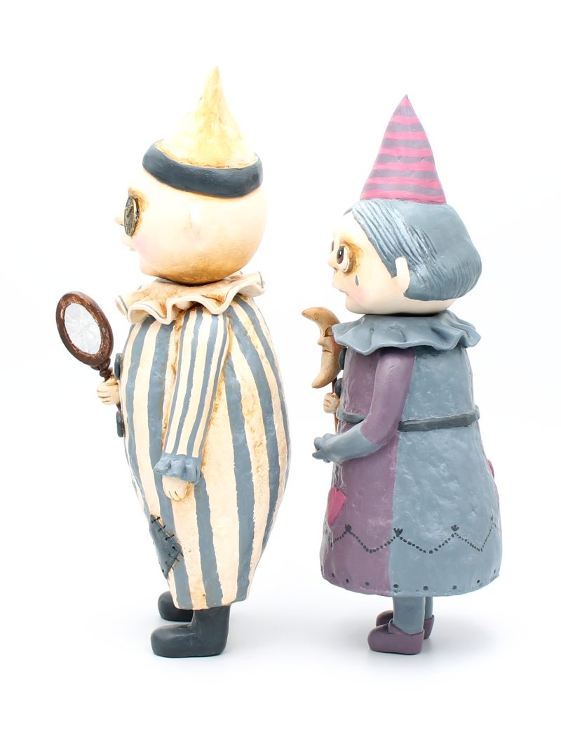 Handmade Art Doll Set of Two, Silent Mime and Pierrette Moon, 29 cm x 27 cm. Handmade Art Dolls from paper clay