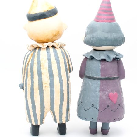 Handmade Art Doll Set of Two, Silent Mime and Pierrette Moon, 29 cm x 27 cm. Handmade Art Dolls from paper clay