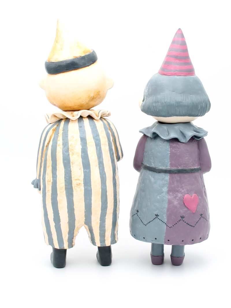 Handmade Art Doll Set of Two, Silent Mime and Pierrette Moon, 29 cm x 27 cm. Handmade Art Dolls from paper clay