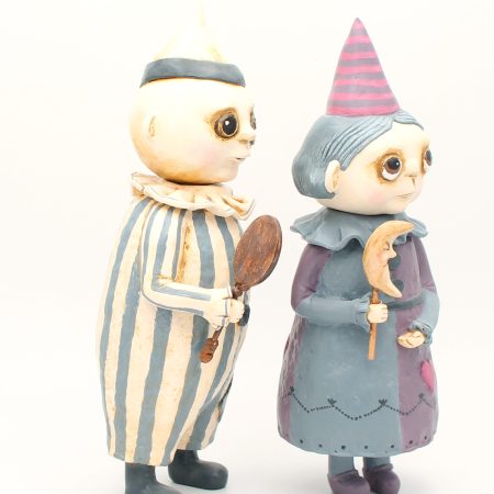 Handmade Art Doll Set of Two, Silent Mime and Pierrette Moon, 29 cm x 27 cm. Handmade Art Dolls from paper clay