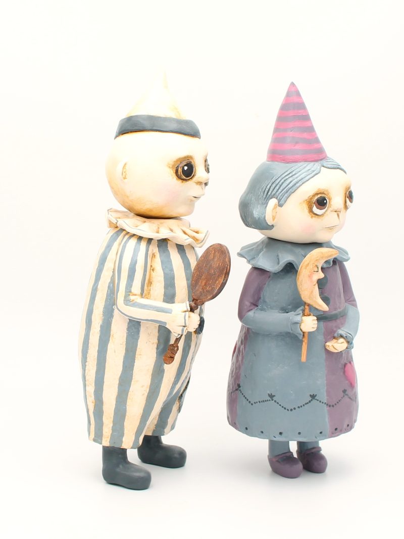 Handmade Art Doll Set of Two, Silent Mime and Pierrette Moon, 29 cm x 27 cm. Handmade Art Dolls from paper clay