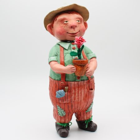 Handmade Paper Clay Art Doll Leo the Gardener, 24cm Tall