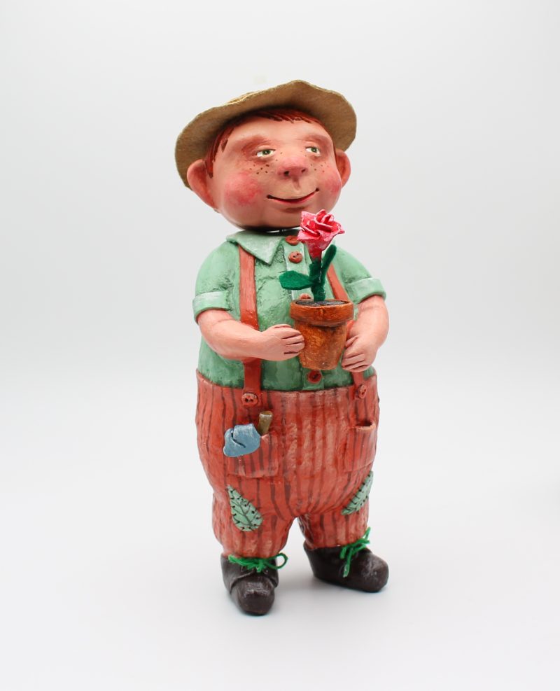 Handmade Paper Clay Art Doll Leo the Gardener, 24cm Tall