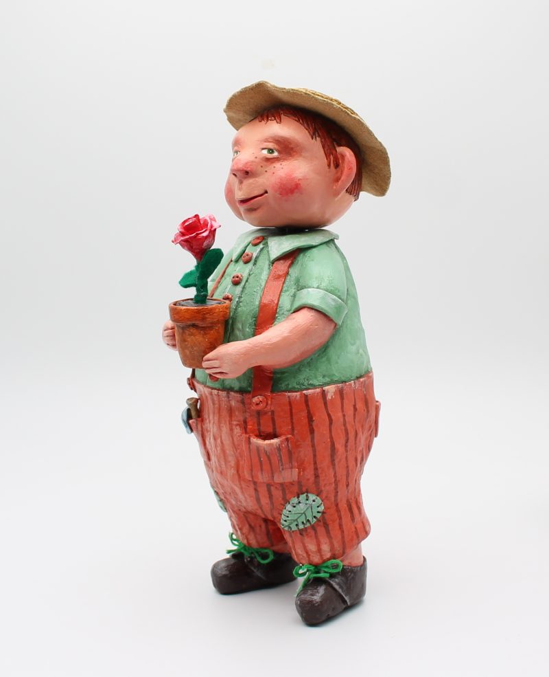 Handmade Paper Clay Art Doll Leo the Gardener, 24cm Tall