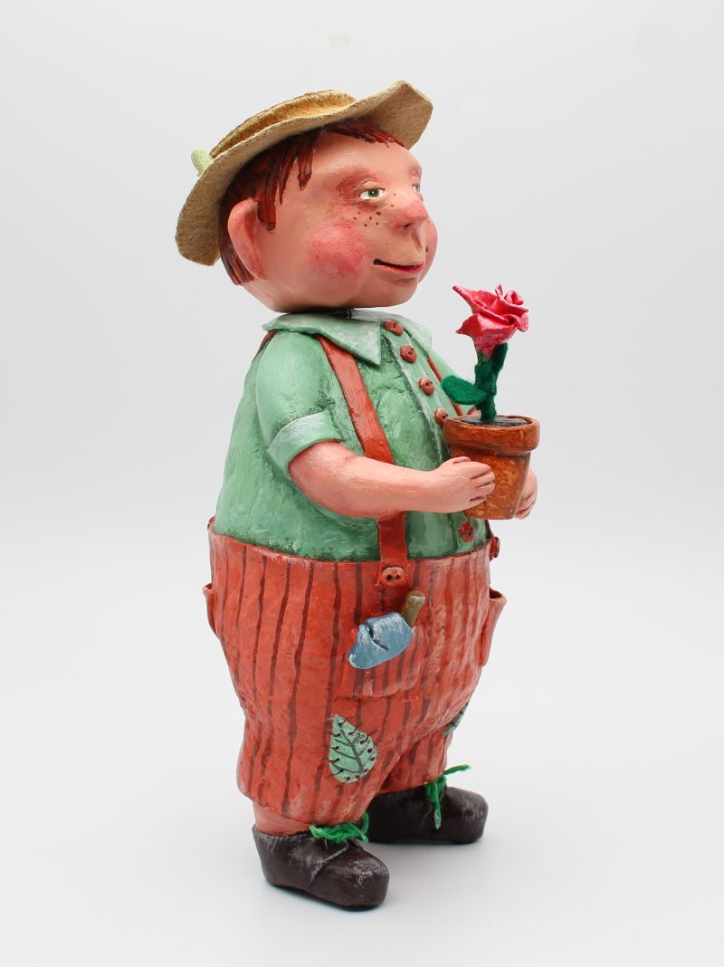 Handmade Paper Clay Art Doll Leo the Gardener, 24cm Tall