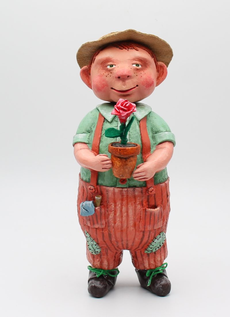 Handmade Paper Clay Art Doll Leo the Gardener, 24cm Tall