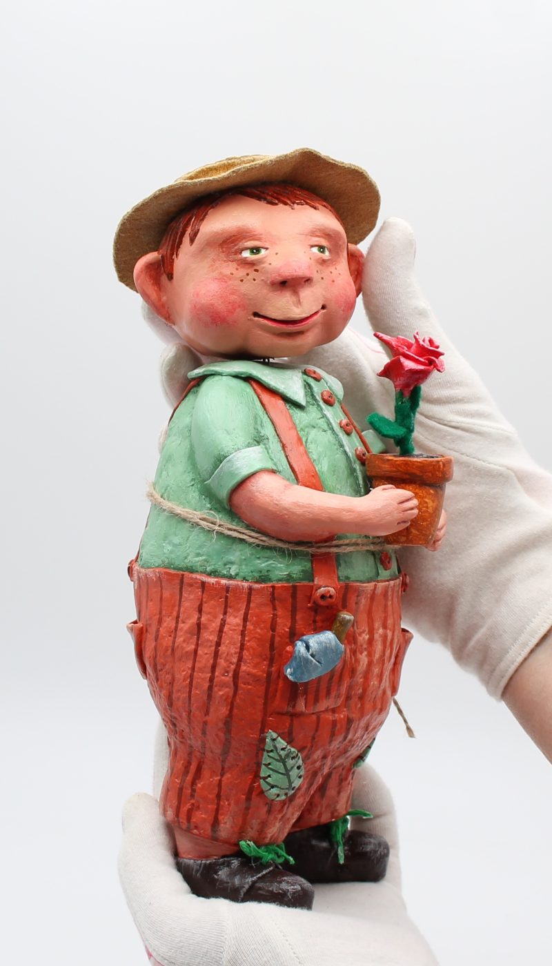 Handmade Paper Clay Art Doll Leo the Gardener, 24cm Tall