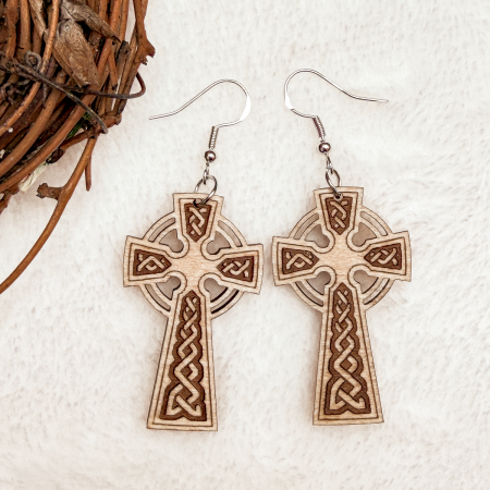 Laser cut natural wood Celtic Cross Earrings