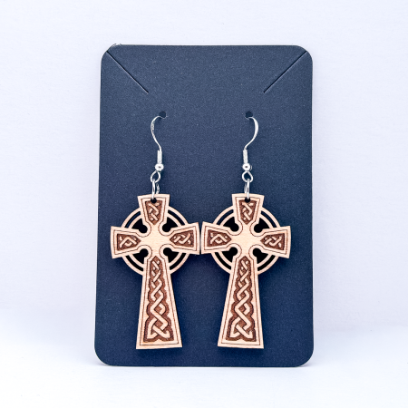 Laser cut natural wood Celtic Cross Earrings