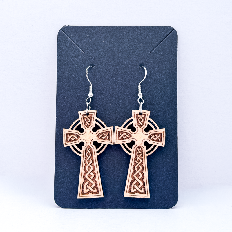 Laser cut natural wood Celtic Cross Earrings