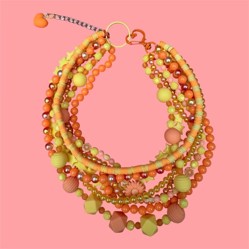 Lemon and peach maximalist multi layer beaded necklace
