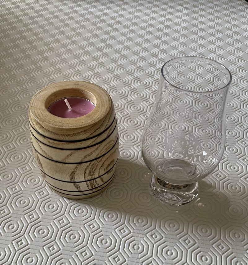 Whisky Barrel tealight holder hand turned using ash with a beeswax finish