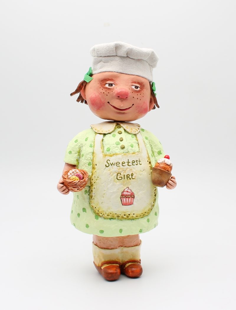 Hand-Sculpted Paper Clay Doll Lulu in Pistachio Dress, 25cm Tall