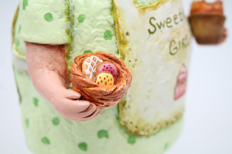 Hand-Sculpted Paper Clay Doll Lulu in Pistachio Dress, 25cm Tall