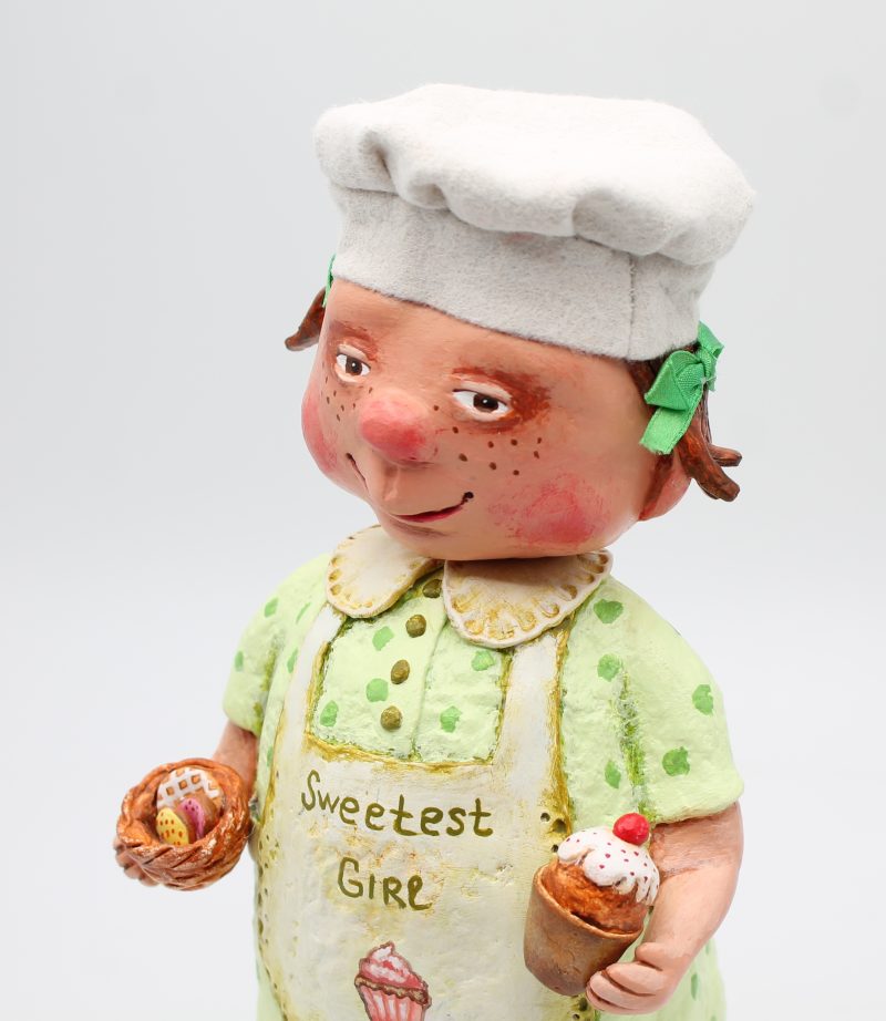 Hand-Sculpted Paper Clay Doll Lulu in Pistachio Dress, 25cm Tall