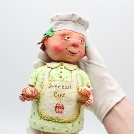 Hand-Sculpted Paper Clay Doll Lulu in Pistachio Dress, 25cm Tall