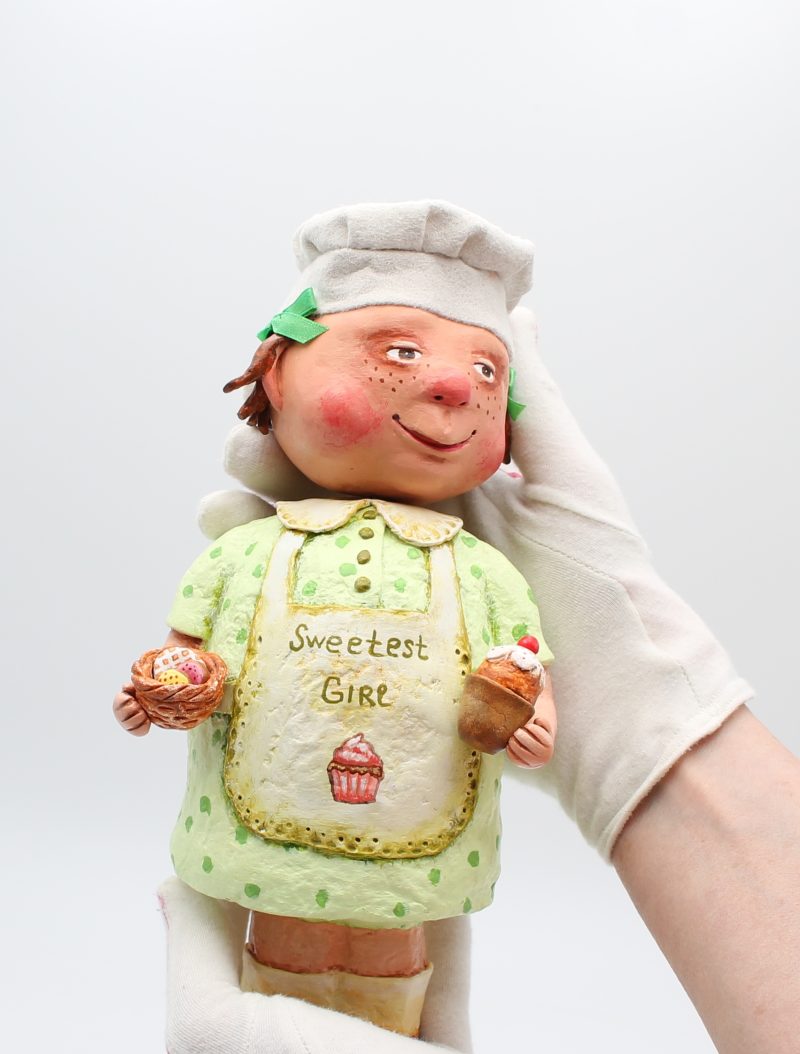 Hand-Sculpted Paper Clay Doll Lulu in Pistachio Dress, 25cm Tall
