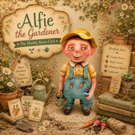 Handmade Alfie the Gardener Art Doll in Vintage Style, 24cm Tall