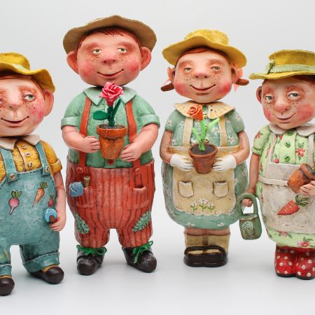 Handmade Paper Clay Garden Doll in Vintage Overalls, set of 4 dolls