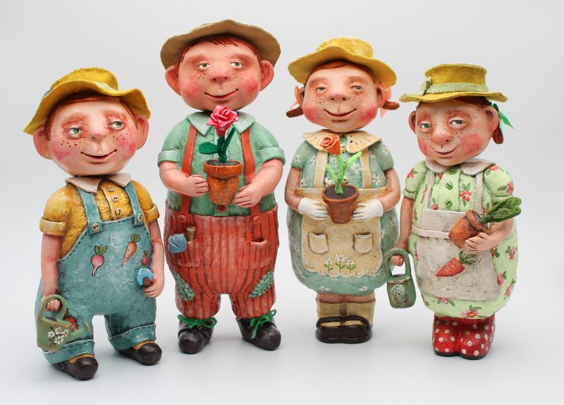 Handmade Paper Clay Garden Doll in Vintage Overalls, set of 4 dolls