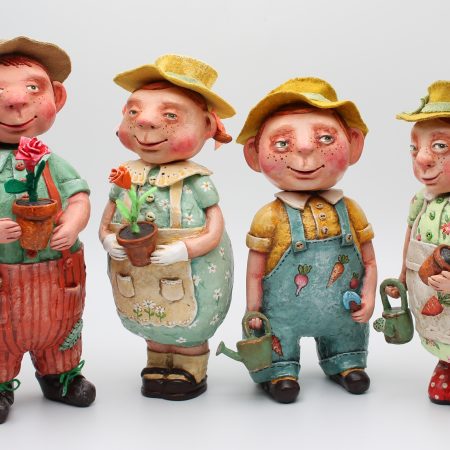 Handmade Paper Clay Garden Doll in Vintage Overalls, set of 4 dolls