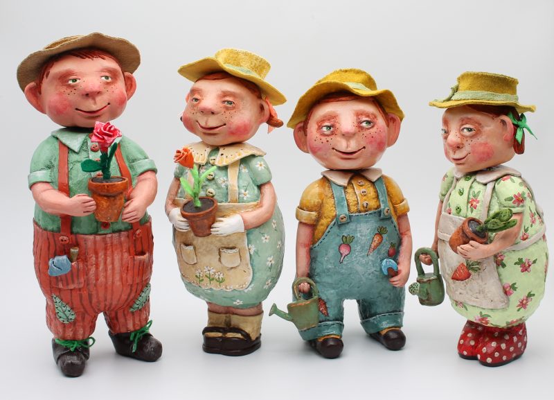 Handmade Paper Clay Garden Doll in Vintage Overalls, set of 4 dolls