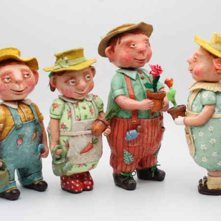 Handmade Paper Clay Garden Doll in Vintage Overalls, set of 4 dolls