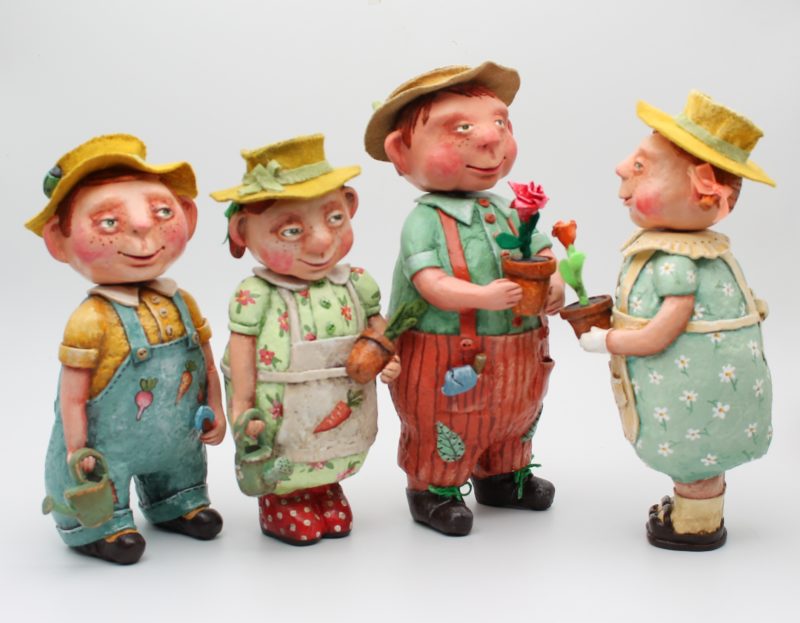 Handmade Paper Clay Garden Doll in Vintage Overalls, set of 4 dolls