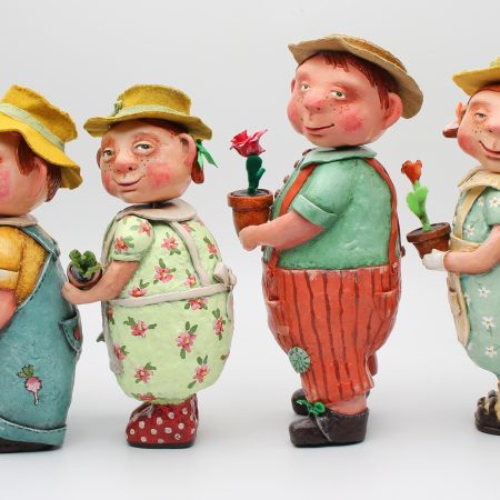 Handmade Paper Clay Garden Doll in Vintage Overalls, set of 4 dolls
