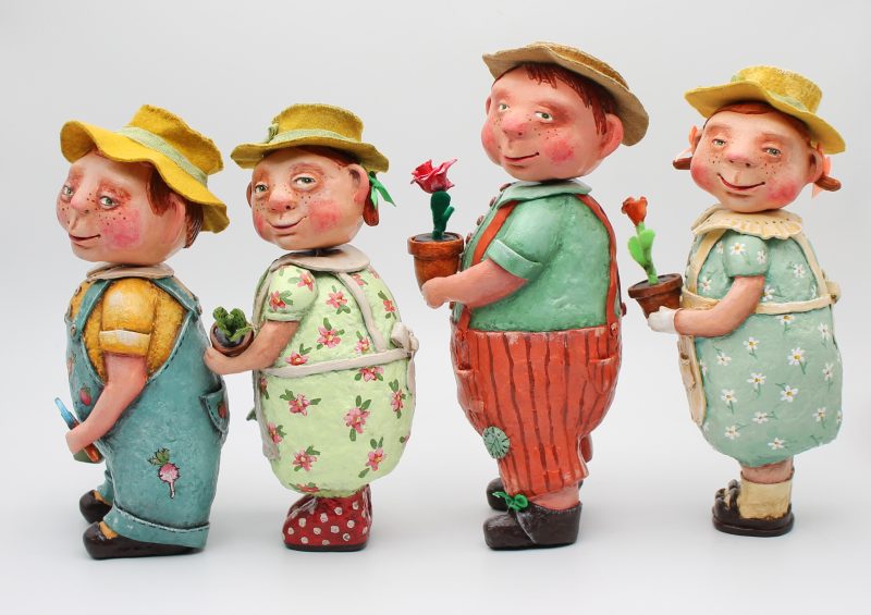 Handmade Paper Clay Garden Doll in Vintage Overalls, set of 4 dolls
