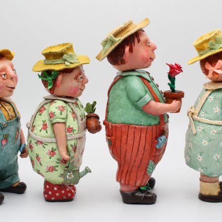 Handmade Paper Clay Garden Doll in Vintage Overalls, set of 4 dolls