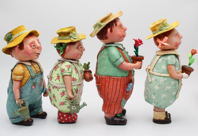 Handmade Paper Clay Garden Doll in Vintage Overalls, set of 4 dolls