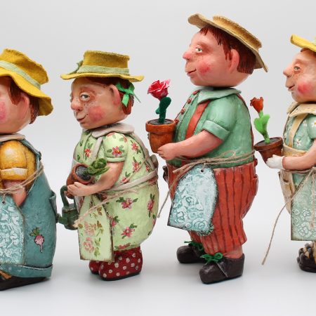 Handmade Paper Clay Garden Doll in Vintage Overalls, set of 4 dolls