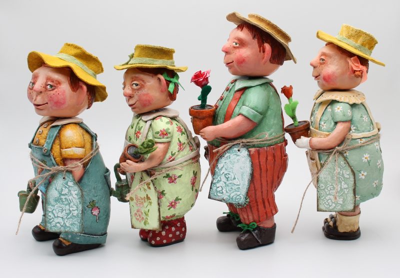 Handmade Paper Clay Garden Doll in Vintage Overalls, set of 4 dolls