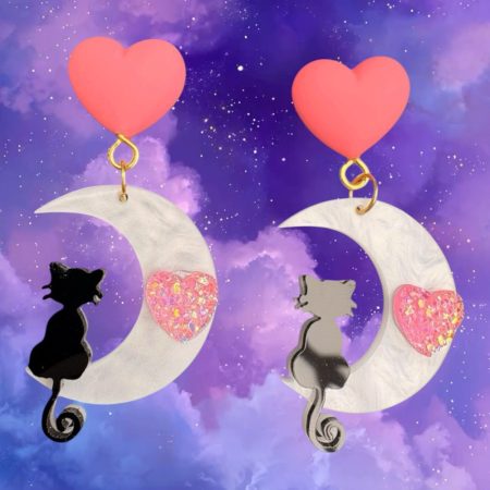 Cat on crescent moon stud dangle earrings