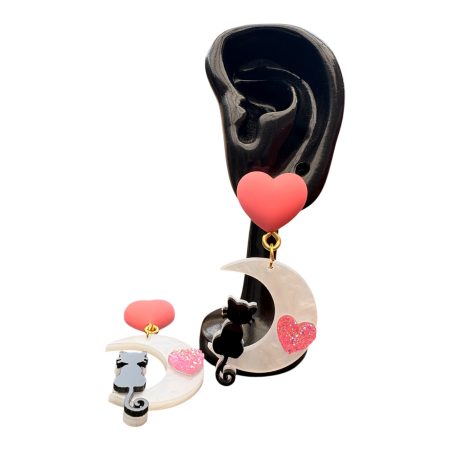 Cat on crescent moon stud dangle earrings