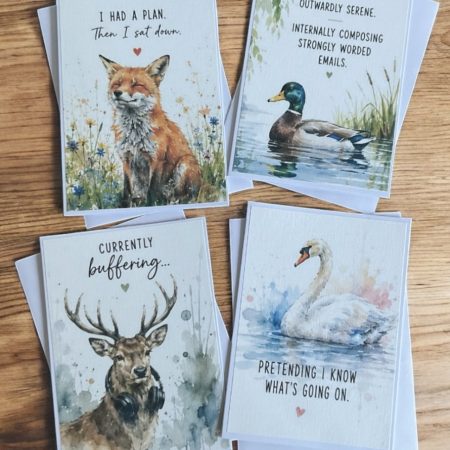 Funny Watercolour Style Animal Cards Set of 4 | Humorous Adult Greeting Cards