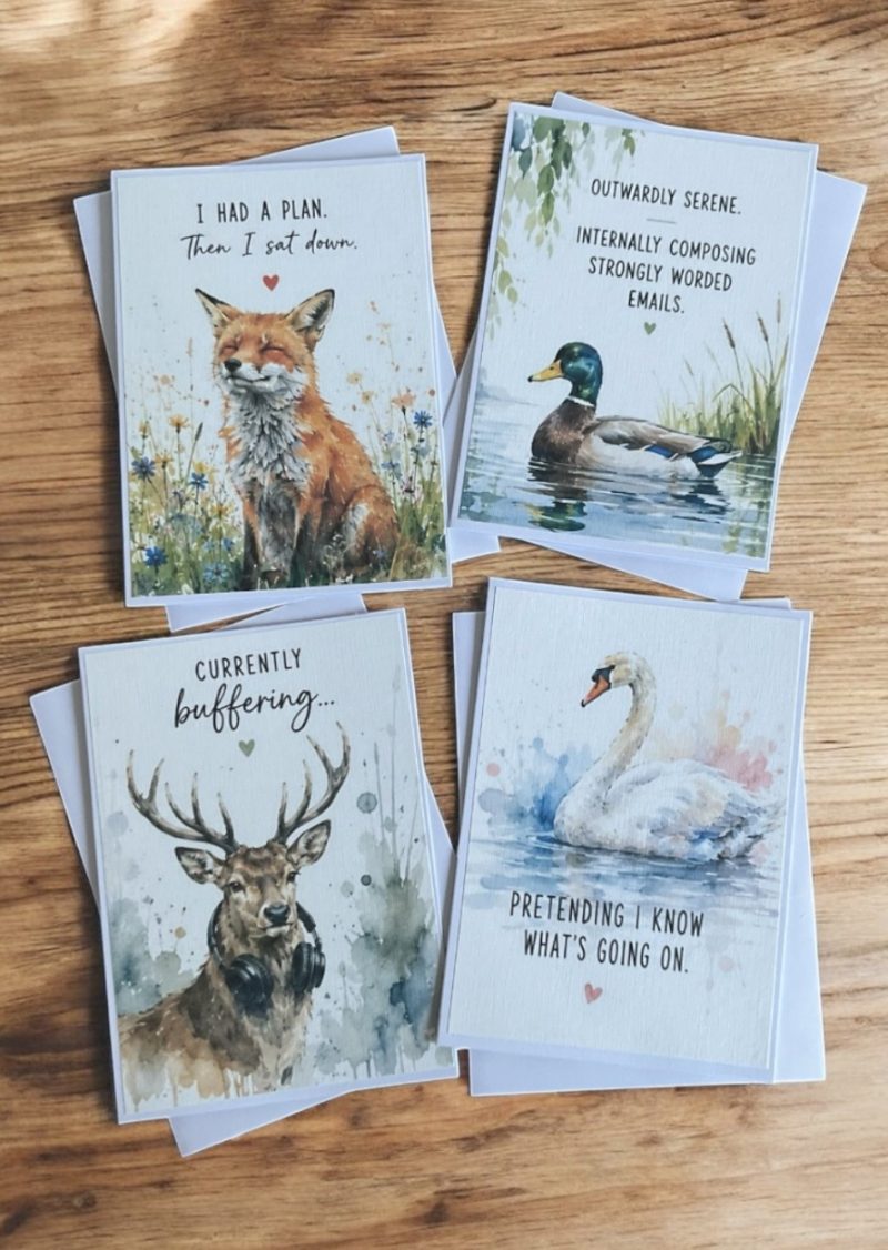 Funny Watercolour Style Animal Cards Set of 4 | Humorous Adult Greeting Cards