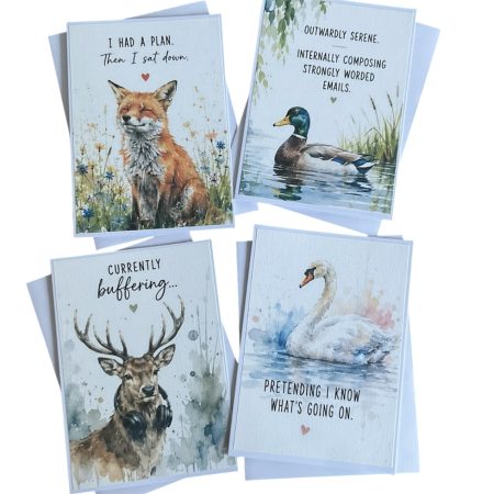 Funny Watercolour Style Animal Cards Set of 4 | Humorous Adult Greeting Cards