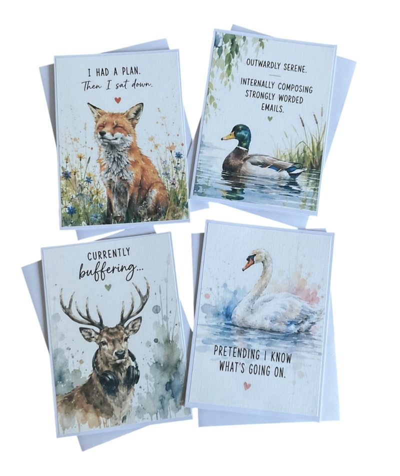 Funny Watercolour Style Animal Cards Set of 4 | Humorous Adult Greeting Cards