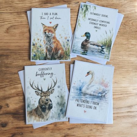 Funny Watercolour Style Animal Cards Set of 4 | Humorous Adult Greeting Cards